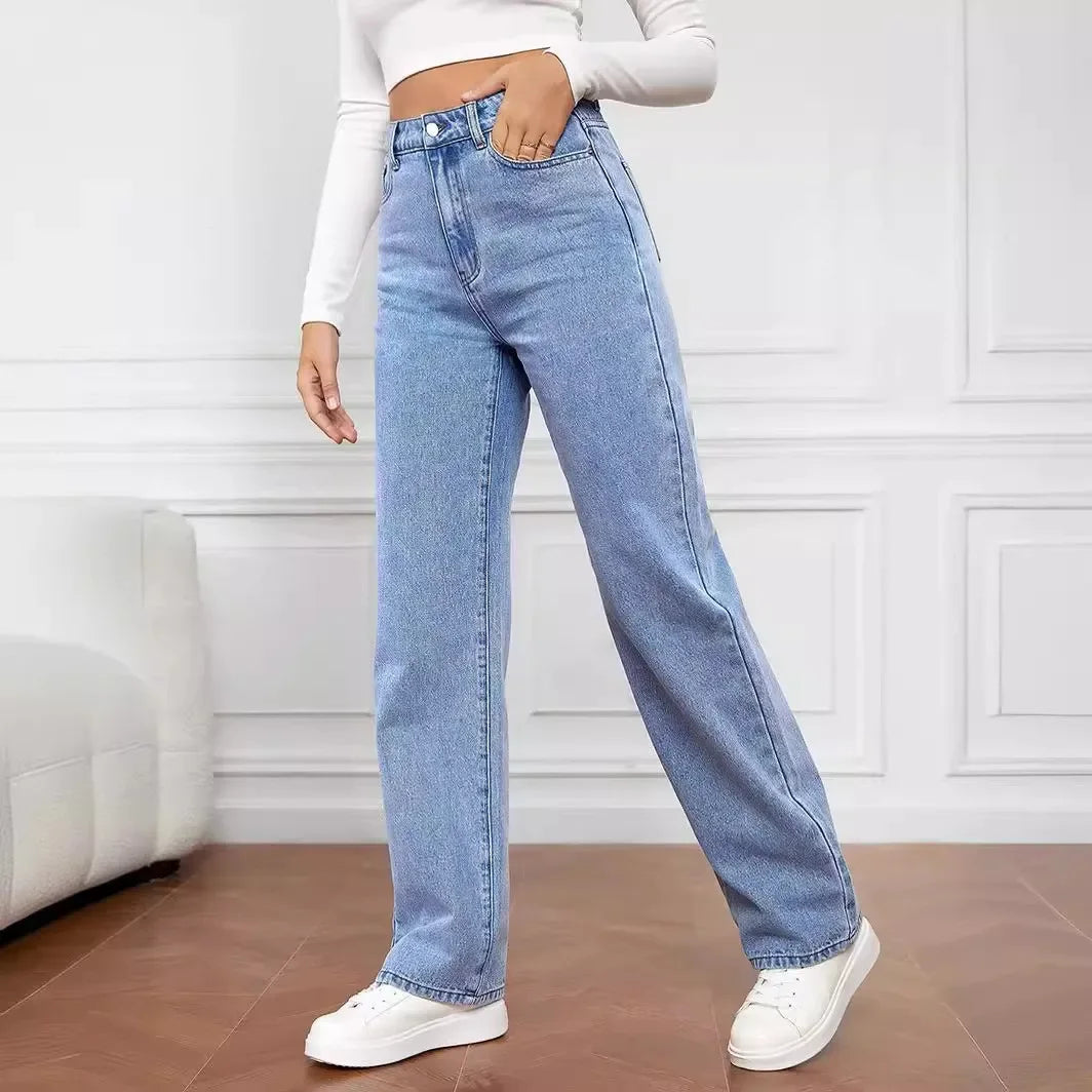 Jeans Women Long Pant Denim Pants Straight Trousers Elegant Splice Button High Waist Regular Casual Loose Autumn Winter