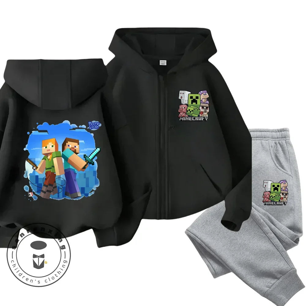 Melody Anime Printed Boy's and Girl's Minecraft Hoodies Zipper Set Casual Sports Fashion Top,Pants for Ages 3-14