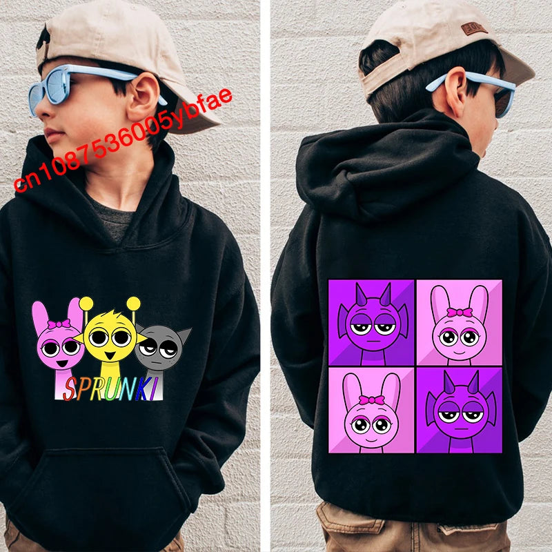 Cartoon Sprunki print kids hoodie black sports sweater casual children's clothing for boys