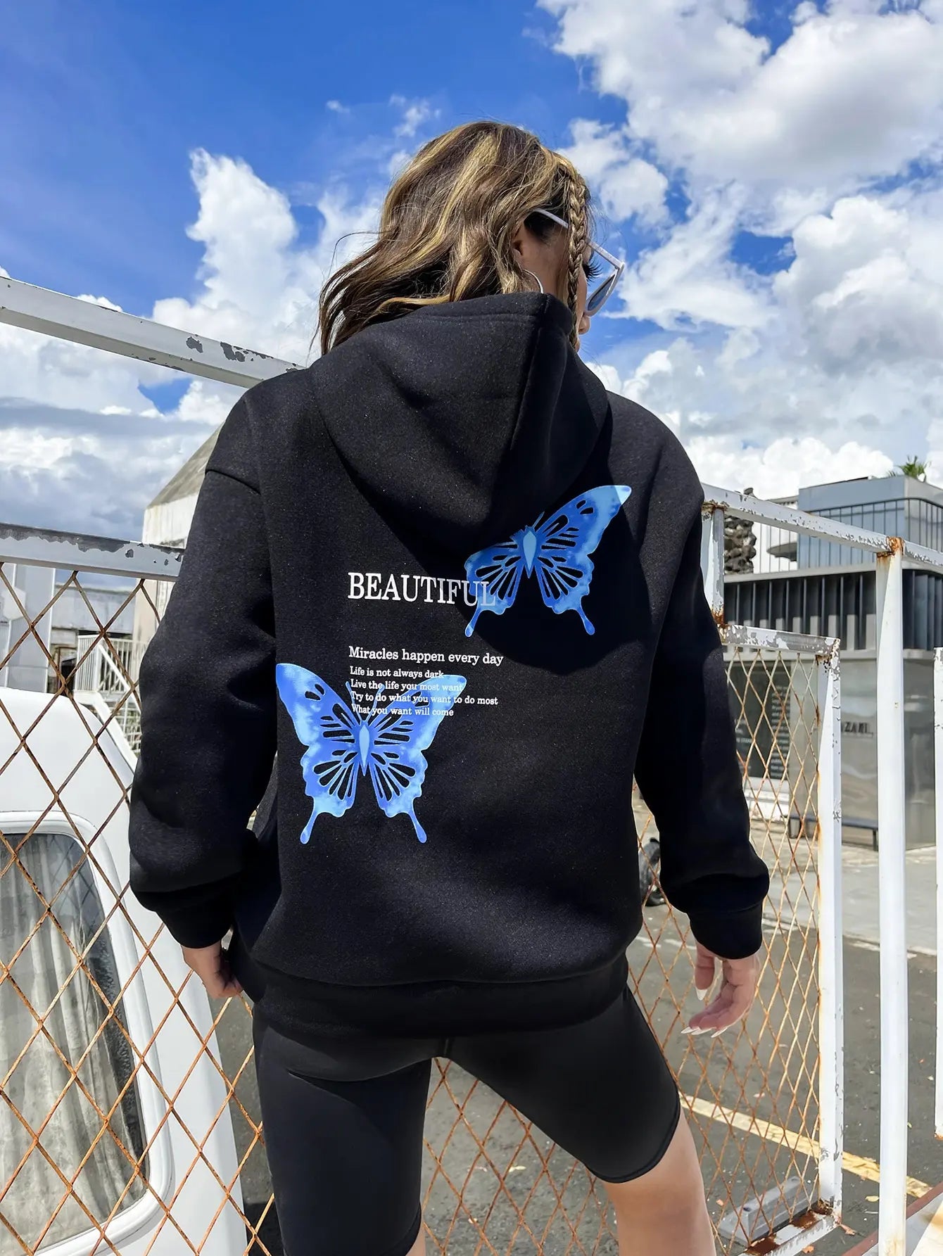 Blue Butterfly Art Letter Slogan Design Women Hoodie Comfortable Pullovers