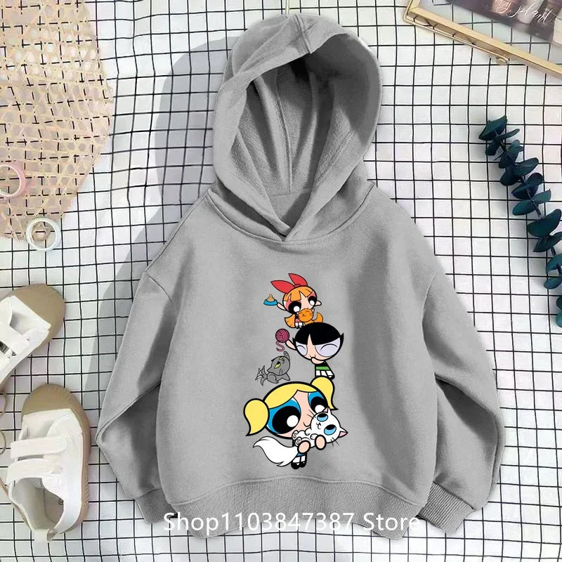 Kawaii Anime Powerpuff Cute Girls Hoodie Sweatshirt boy girl Spring Autumn Pullovers Harajujku Powerpuff Kids Anime Clothes