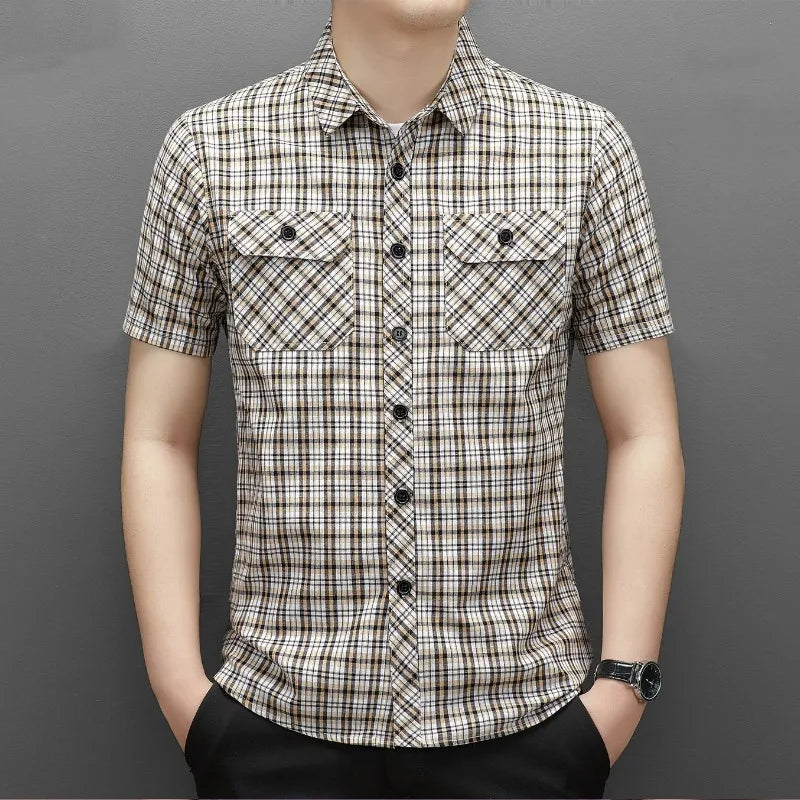 Summer Cotton Men's New in Shirt Slim Fit Plaid Striped Fashion Vintage Tops