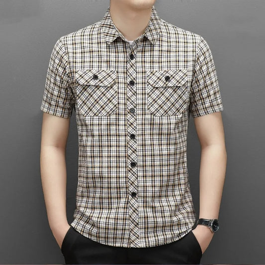 Summer Cotton Men's New in Shirt Slim Fit Plaid Striped Fashion Vintage Tops