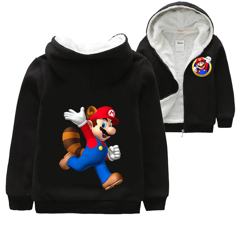 Mario Game Anime Peripheral Children's Clothing Warm Jacket Thickened Velvet Hooded Zipper Cardigan Coral Velvet Winter Coat