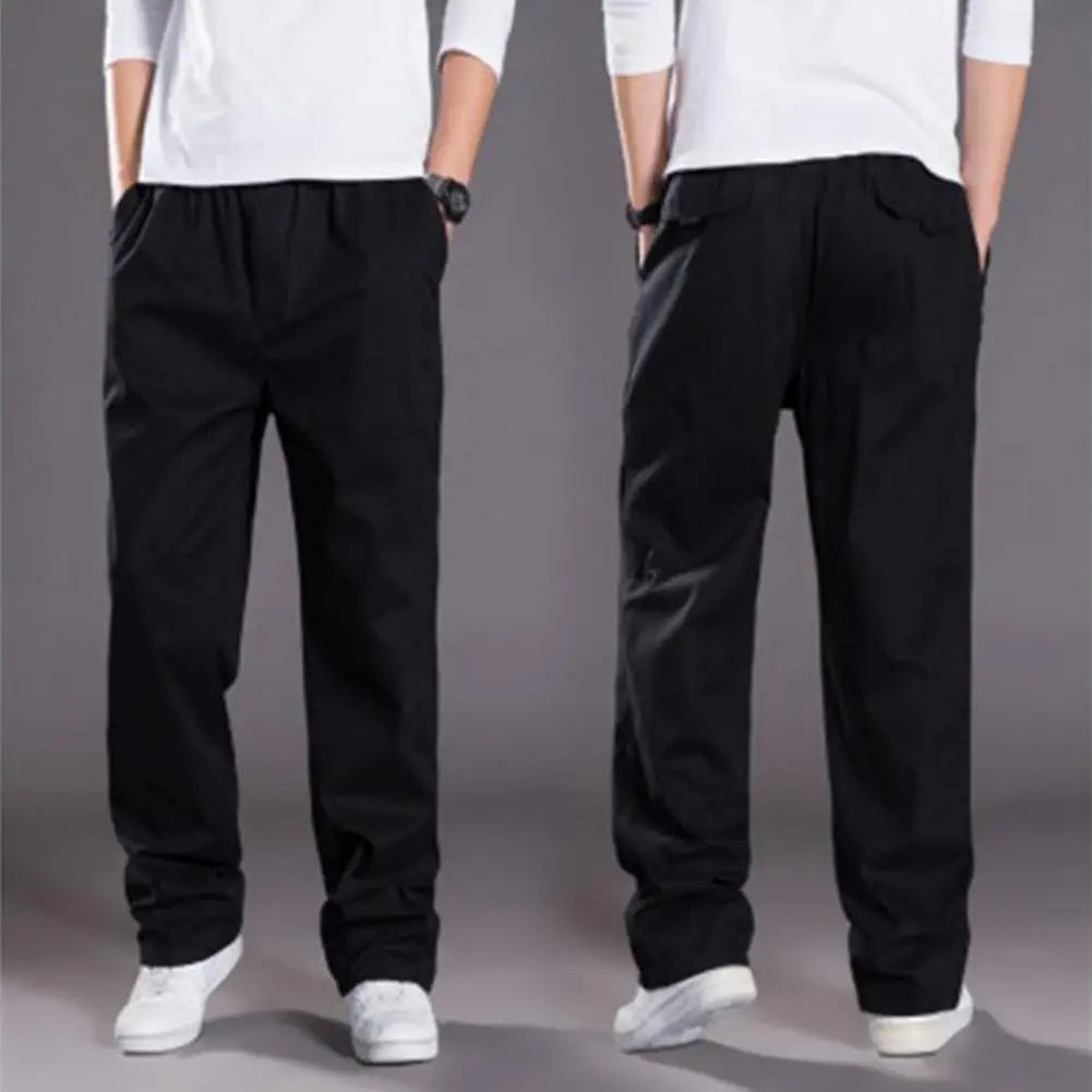 Men Cargo Pants Spring Fall Elastic Waist Drawstring Casual Pants Loose Large Pocket Male Straight Wide Leg Trousers