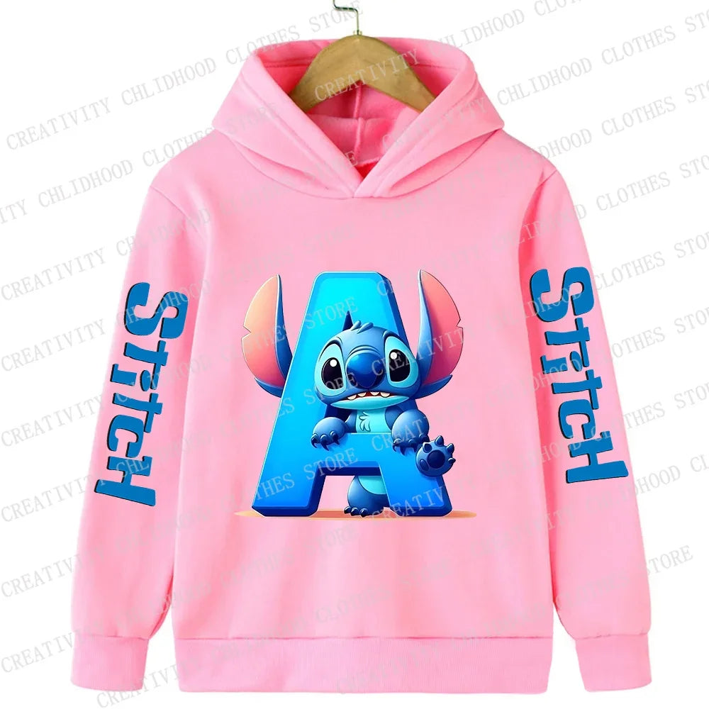 Stitch Children Hoodies 26 English Letters ABCD Kids Winter Pullover Casual Clothes Kid Girl Boy Cartoon Kawaii Tops Sweatshirts