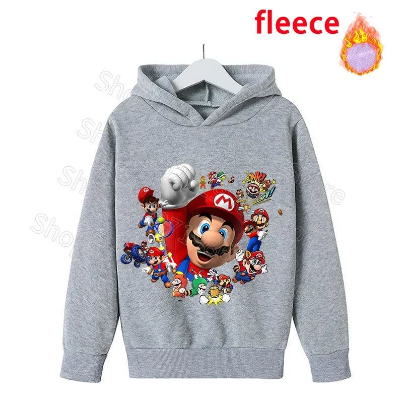 Super Mario Bros Kids Clothes Princess Peach Luigi Fleece Sweatshirts Cartoon Game Character Pattern Long Sleeves Baby Show Gift