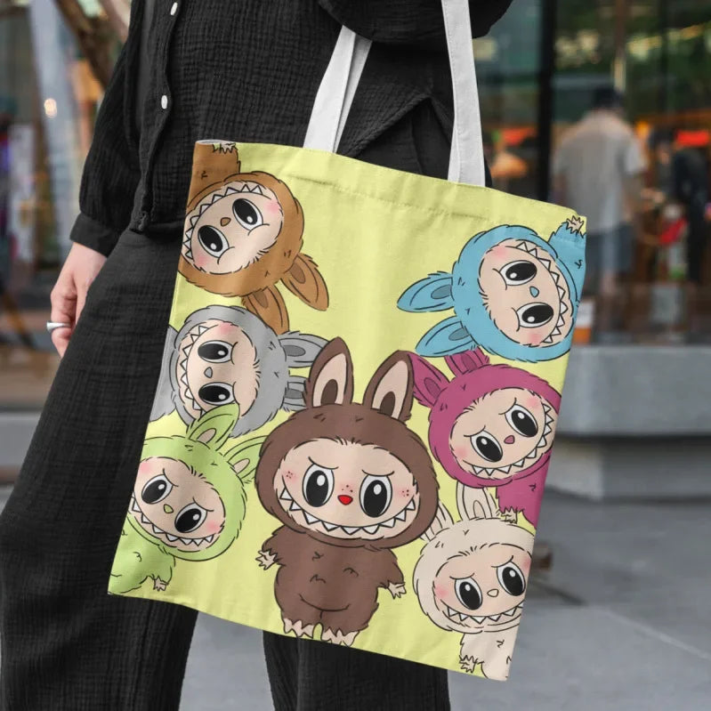 Lisa Same Labubu Canvas Bag Female Cute Cartoon Shopping HandBag College Casual Shoulder Anime Tote Bag For Women FJ07B