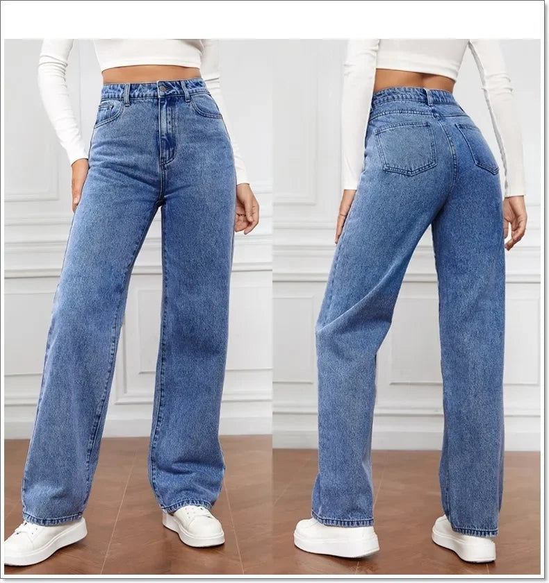 Denim Jeans Women Straight Pants Washing High Waist Loose Pockets Basics Ankle Length Y2k Blue Pants Streetwear Slight Strech