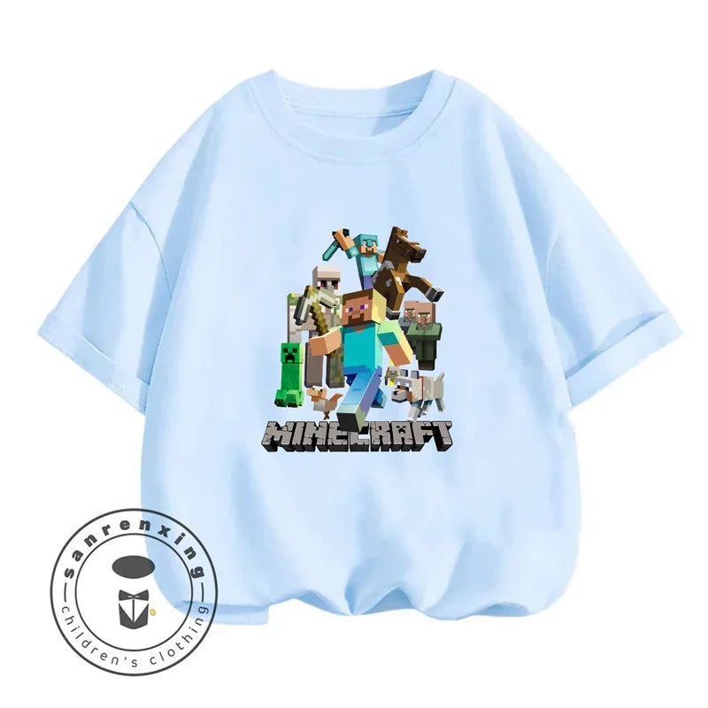 Minecraft Cartoon Printed Kids Summer Boy Girl T-shirt Solid Cotton Breathable Teenager Short Children TShirt For 3-10T Top