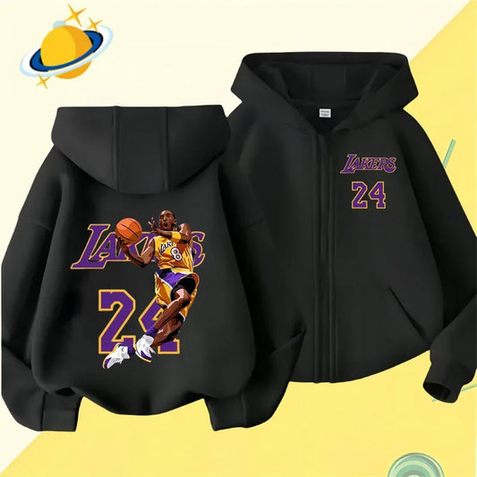 Sort Mamba basketballstjerne Kobe Kids lynlås hættetrøje tegneserieprint Langærmet efterår vinter sweatshirt afslappet top til drenge