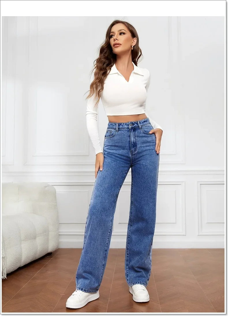 Women Jeans Straight Pants Denim Washing High Waist Loose Fit Pockets Basics Ankle Length Pants Solid Color Slight Strech