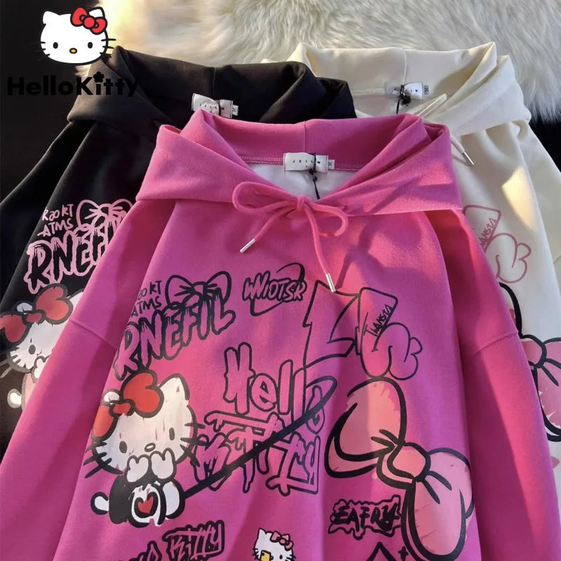 Sanrio Hello Kitty New Print Tops Hooded Women Men Autumn Winter Aesthetic Loose Sweatshirts Y2k Cute Pullovers Fashion Clothes