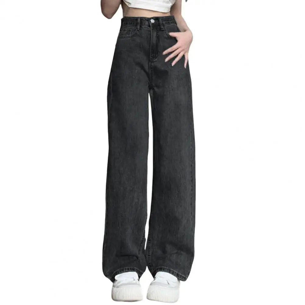 Women Jeans High Waist Button Zipper Closure Vintage Loose Fit Pockets Straight Wide Leg Streetwear Pants Daily Wear Long Trouse