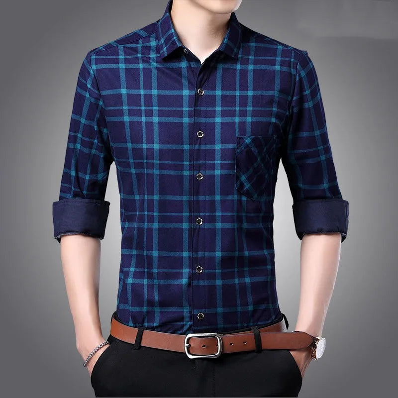 Spring Autumn Men's Turn-down Collar Plaid Stripe