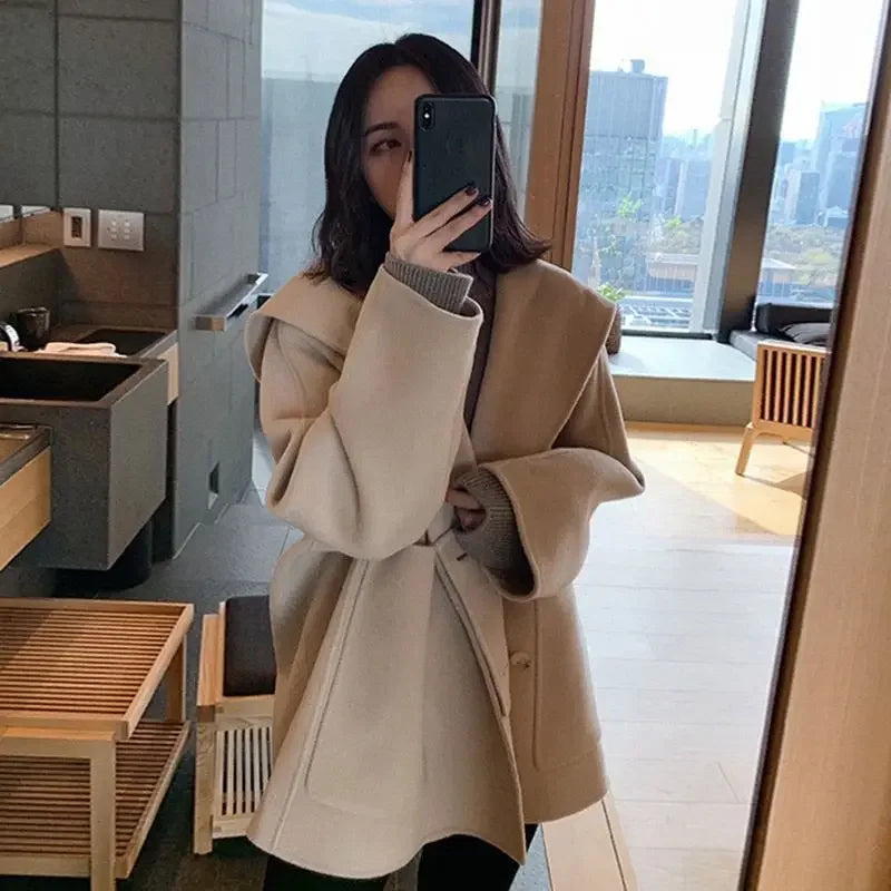 Thickened Hebridean Style Double-sided Woolen Jacket For Women Winter Loose-fit Hooded Overcoat 300lbs Mmplus Size