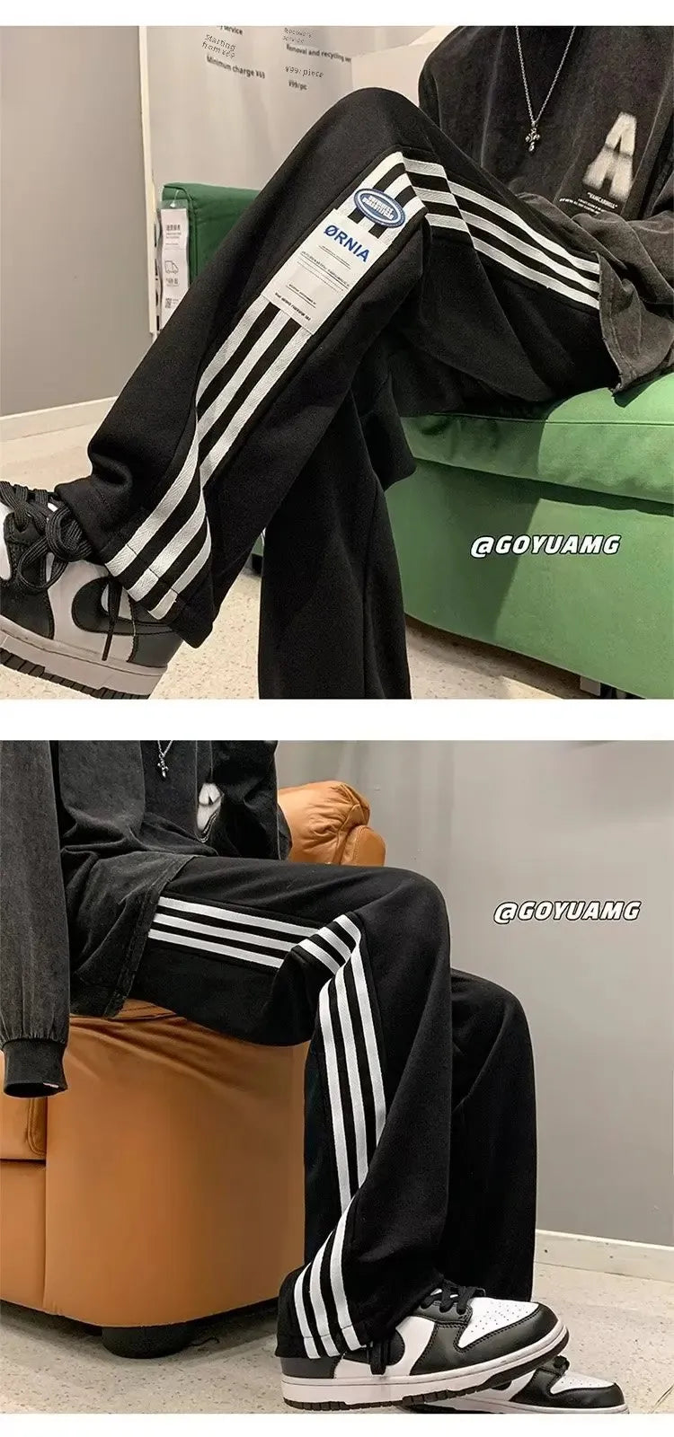 American Style High Street Pants Men's Fall Winter Trendy Brand Fleece-Lined Casual Sports Striped Waist-Defining Loose Fit Vers