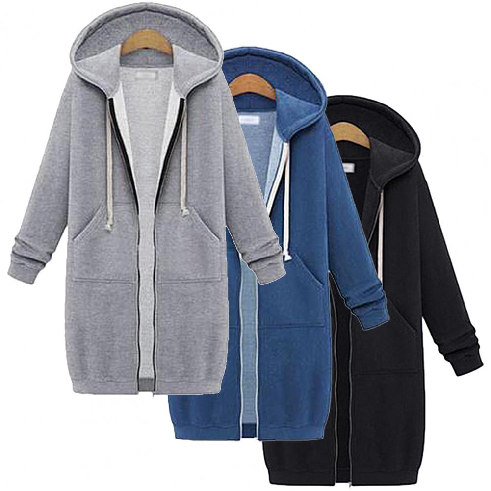 Solid Color Side Pockets Jacket Hoodie Long Sleeve Zipper Closure Drawstring Hooded Sweatshirt Ladies Clothing