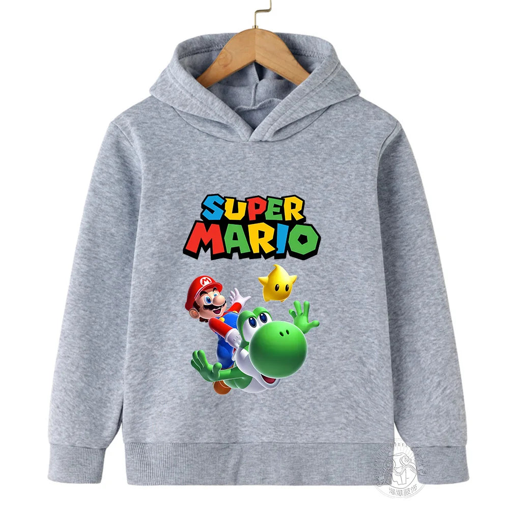 Autumn/Winter Children's Pullover with Plush Hoodie Sweater Student Baby Mario Cartoon Pattern Casual Sweater