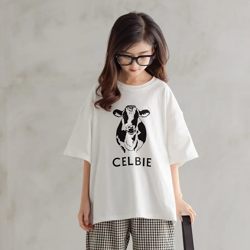 2024 Teenager spring Kids Girls clothes cotton cow half sleeve Outfit Tops t shirt + plaid ankle-tie Pants 6 7 8 9 10 11 12 year