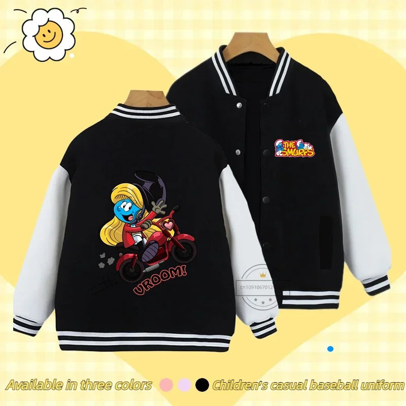 Smurfs Anime Men and Women's Casual Fashion Sports Baseball Jacket Cardigan Sweatshirt Jacket 3-14 Years Old Autumn