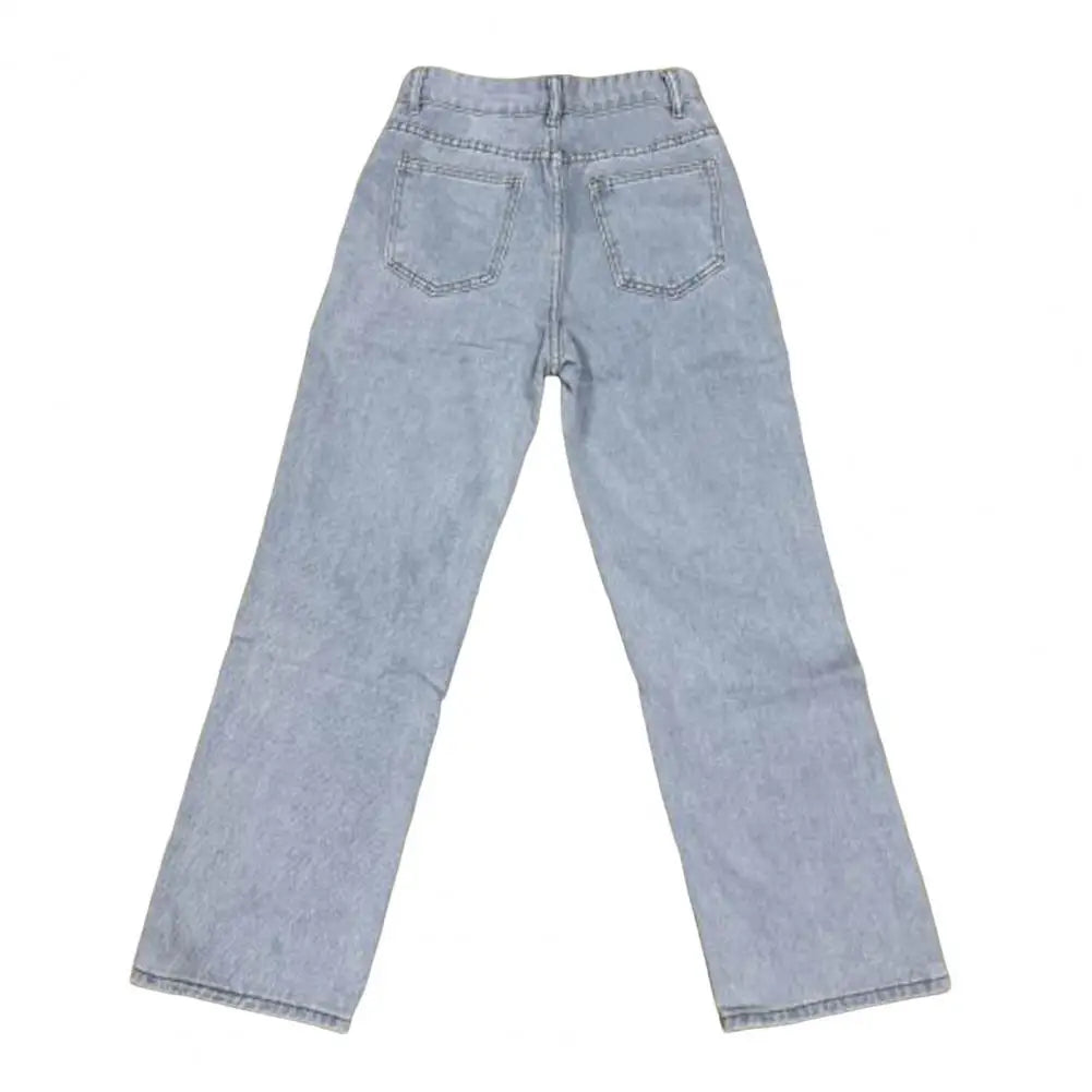 Women Jeans High Waist Button Zipper Closure Vintage Loose Fit Pockets Straight Wide Leg Streetwear Pants Daily Wear Long Trouse