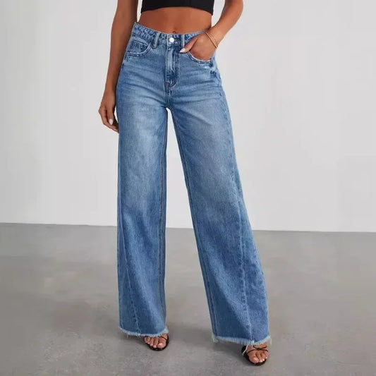 Spring Summer New Women's Clothing Solid Color Loose Wide Leg Side Seam Stitching Frayed Hem Jeans