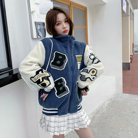 Women's Faux Fur Coat Long Sleeve Plush Jacket Letter Cartoon Embroidery Full-Zip Lady Fleece Jacket Winter Clothes Women 2024