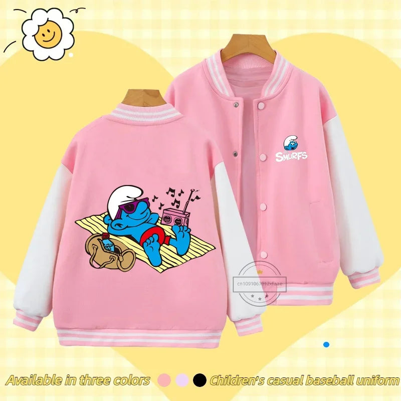 Smurfs Anime Men and Women's Casual Fashion Sports Baseball Jacket Cardigan Sweatshirt Jacket 3-14 Years Old Autumn