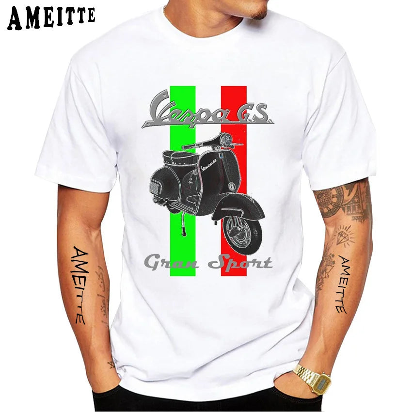 New Summer Men's Short Sleeve Retro Classic Vespa Italy Scooter Art Print T-Shirt Hip Hop Boy Casual White Tops Vintage Man Tees