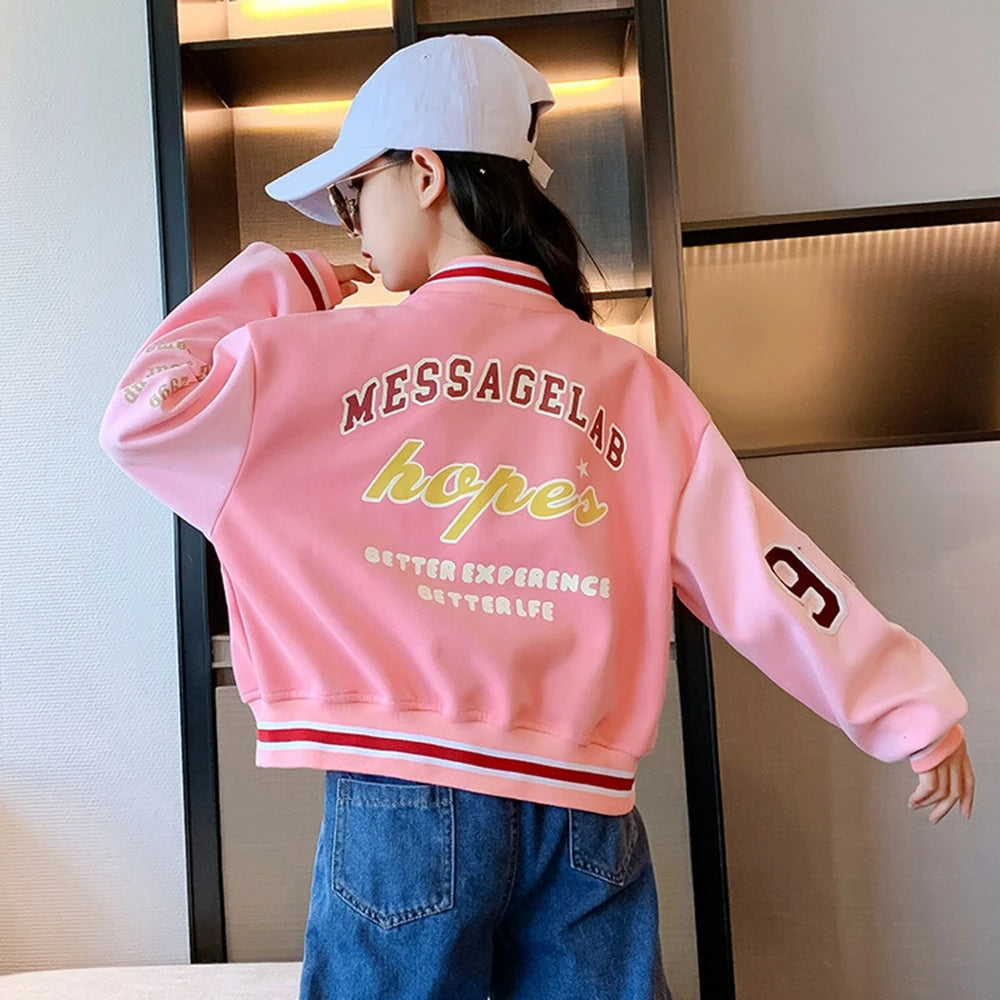 Spring Fall New Girls Baseball Jacket Fashion Splicing Teen Kids Outerwear Loose Casual School Children Clothing 10 12 14 Years