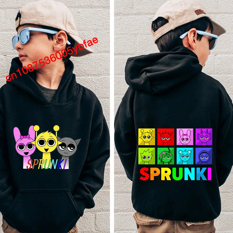 Cartoon Sprunki print kids hoodie black sports sweater casual children's clothing for boys