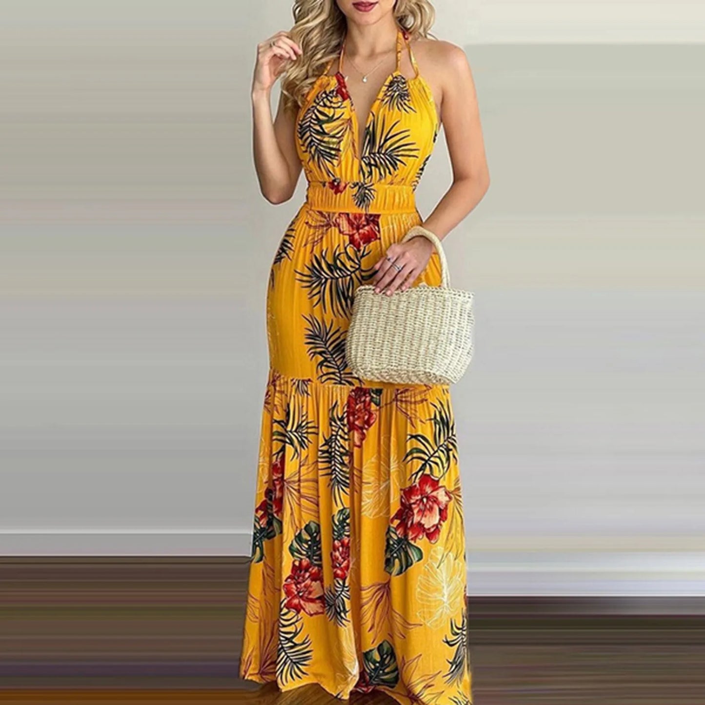 Summer Sexy Pleated Spaghetti Strap Long Dress Women