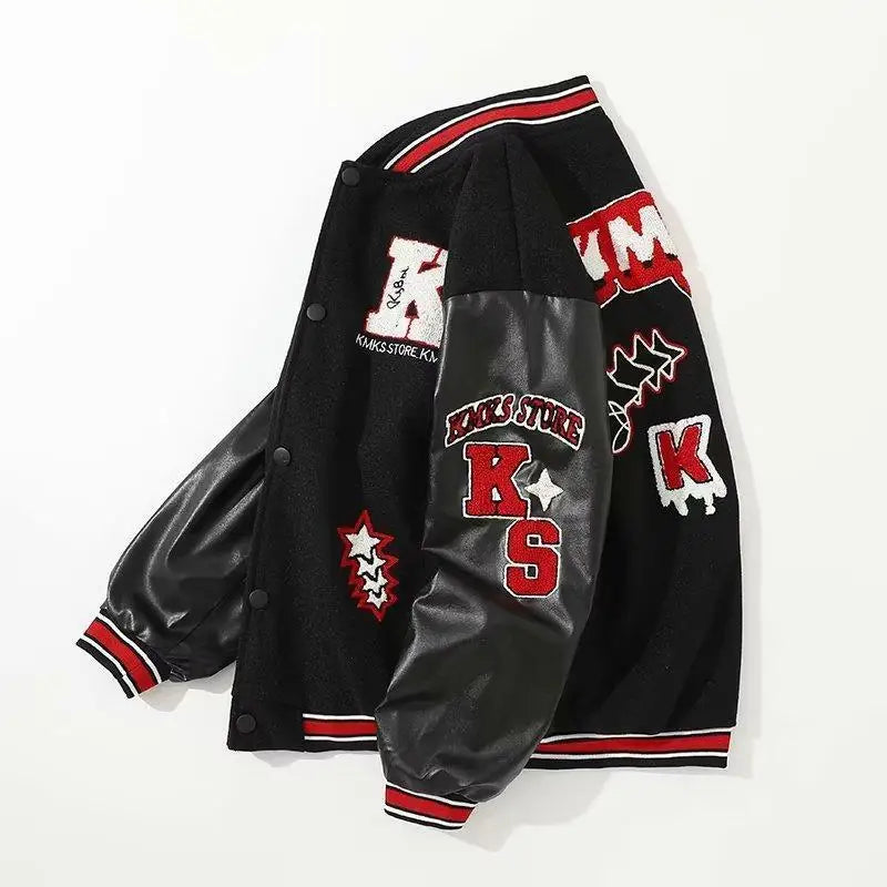 American Vintage Streetwear Black and Red Spliced Embroidered Baseball Jacket Men's and Women's Spring and Autumn Coat Clothes