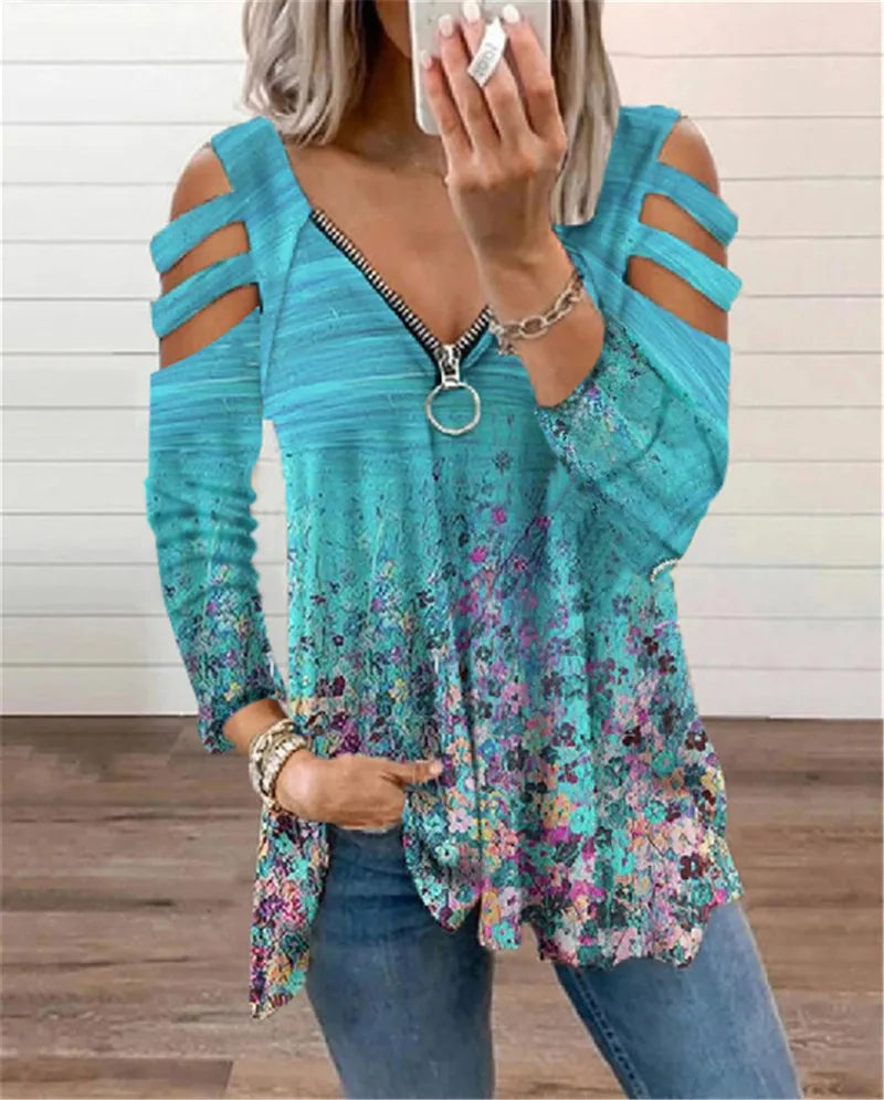 Cold Shoulder T-shirt Ladies Long Sleeve Blouse Tunic Tops High Quality Clothing