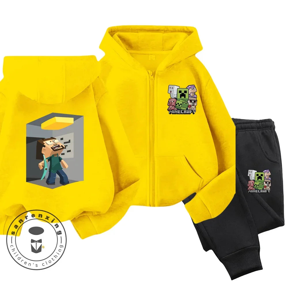 Minecraft Anime Printed Boys and Girls Hoodies Hoodies Zipper Set Casual Sports Fashion Top Pants 3-14 Years Old