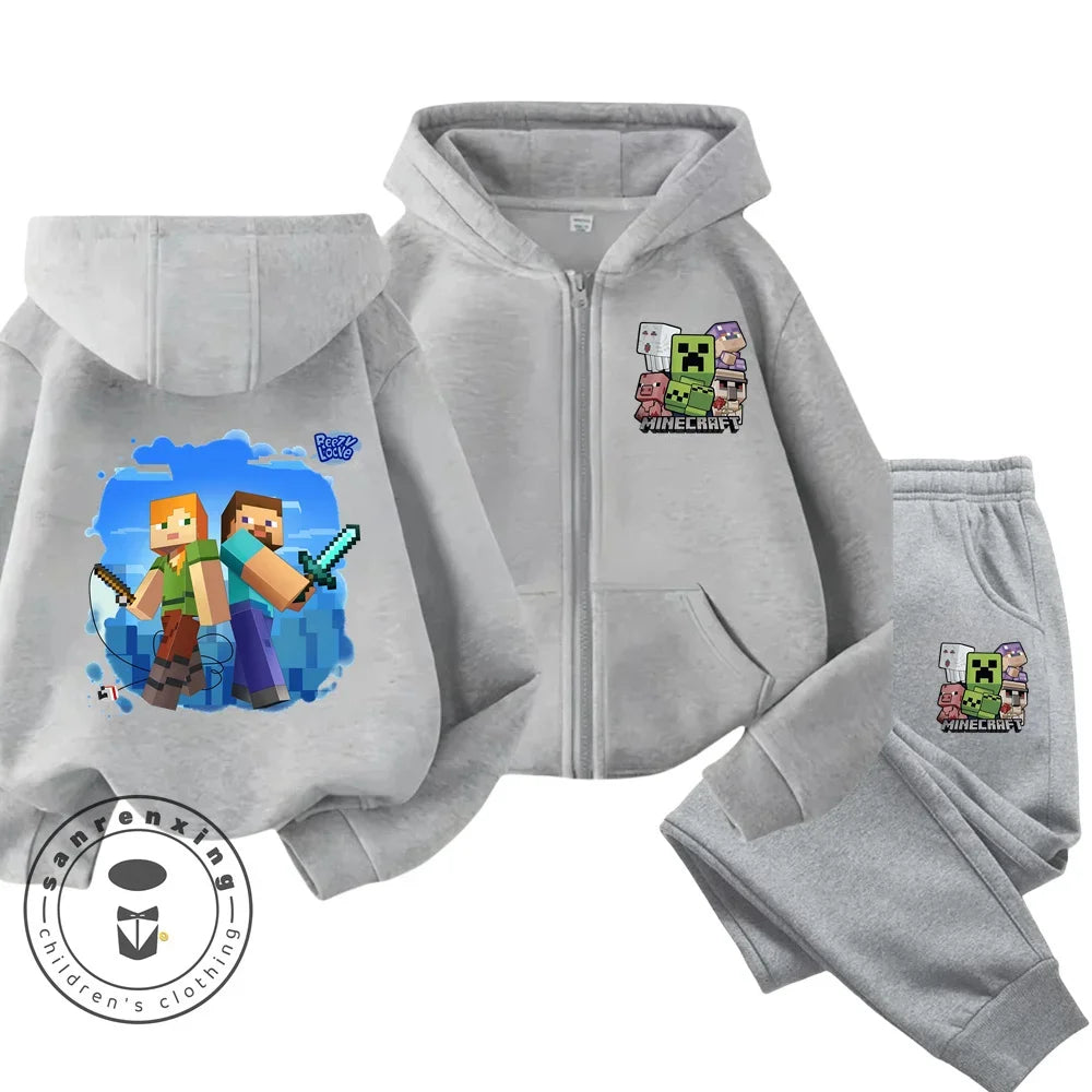 Melody Anime Printed Boy's and Girl's Minecraft Hoodies Zipper Set Casual Sports Fashion Top,Pants for Ages 3-14