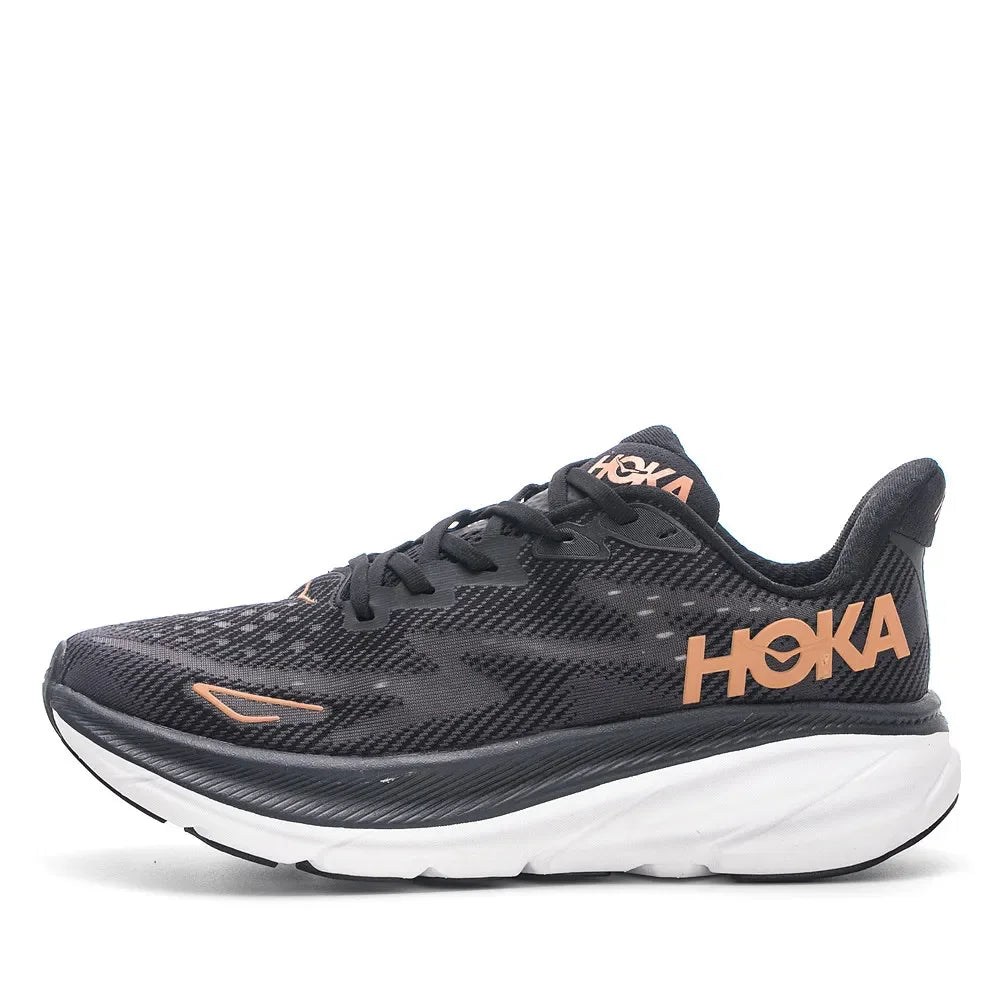 HOKA Clifton 9 Women and Men Black Gold Fabric Non-slip Wear-resistant Low-top Running Shoes Trainer Sneakers