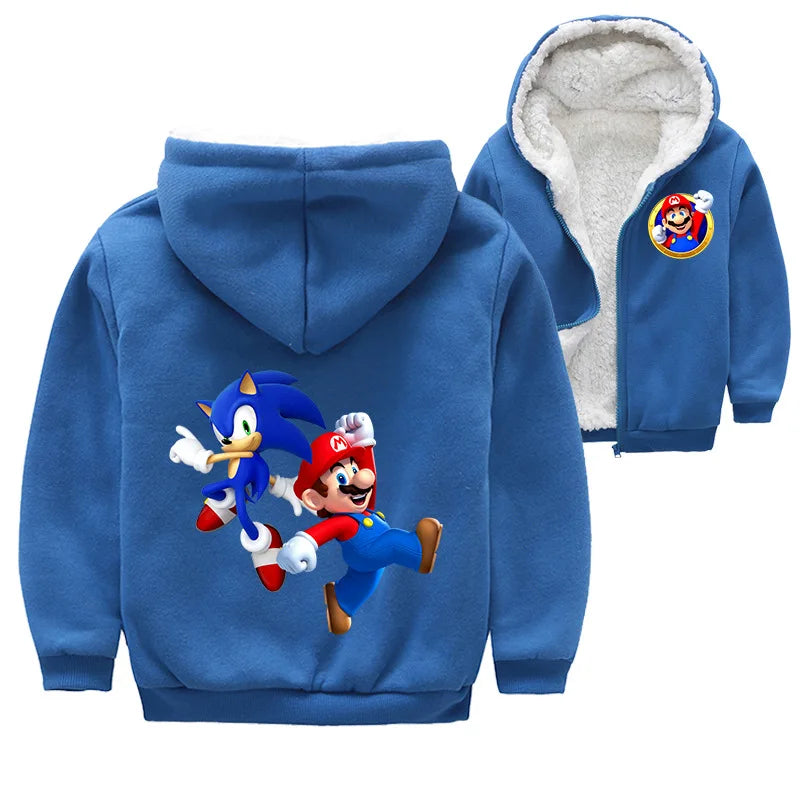 Mario Game Anime Peripheral Children's Clothing Warm Jacket Thickened Velvet Hooded Zipper Cardigan Coral Velvet Winter Coat