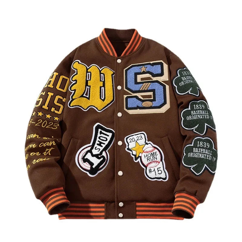 Embroidery Varsity Jacket Men Women Letter Winter American Baseball Jacket Hip Hop Woolen Coat Thick Warm Outwear Parkas Brown