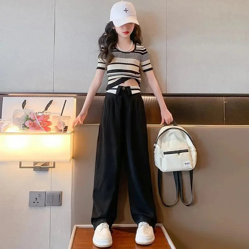 2024 summer Kids tracksuit Children set Girls Clothes striped T-Shirt + straight wide leg Cargo Pants Teenager 6 7 10 11 12 year