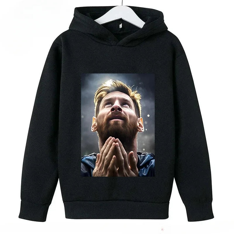 2024 Children's Sports Hoodies Spring and Autumn Children's Wear Pullover Casual Boys and Girls Black Tops Messi Print 4T-14T