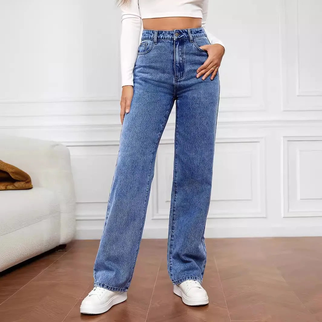 Jeans Women Long Pant Denim Pants Straight Trousers Elegant Splice Button High Waist Regular Casual Loose Autumn Winter