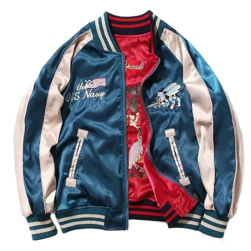 Satin Bomber Jacket Women Men Sukajan Crane Embroidery Coat Hiphop Boys Harajuku Clothing 2025 Autumn Spring