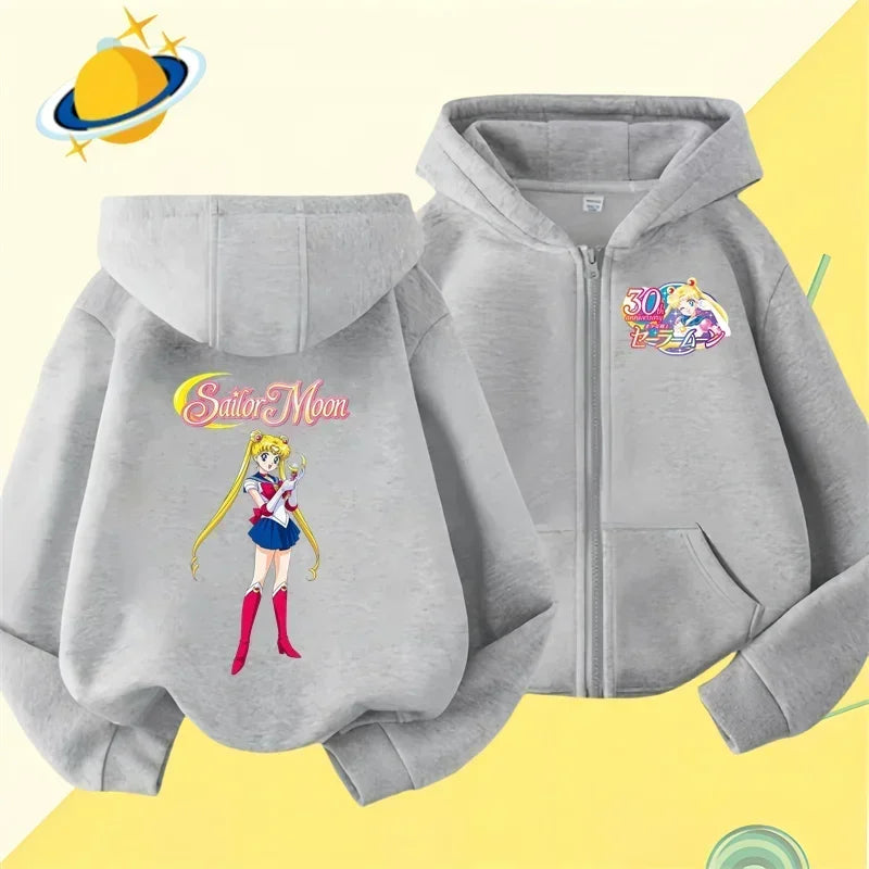 Anime Sailor Moon zipper hoodie for kids cartoon printed Fall/Winter long-sleeved sweatshirt casual girl Kawaii clothing