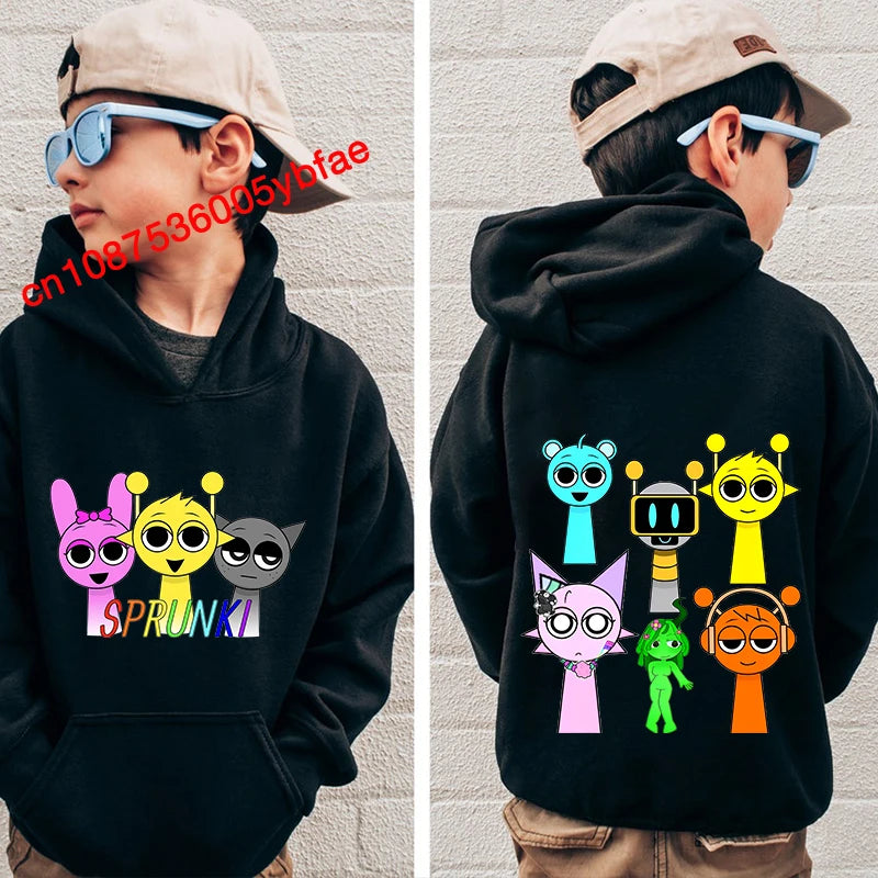 Cartoon Sprunki print kids hoodie black sports sweater casual children's clothing for boys