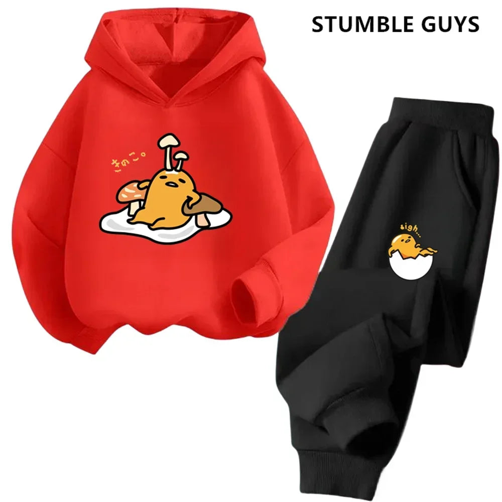 Gudetama Trucksuit Cartoon Boys and Girls 3-14 Years Old Kawaii Street Casual Sweatshirt Children's Outdoor Sports Hoodie Set