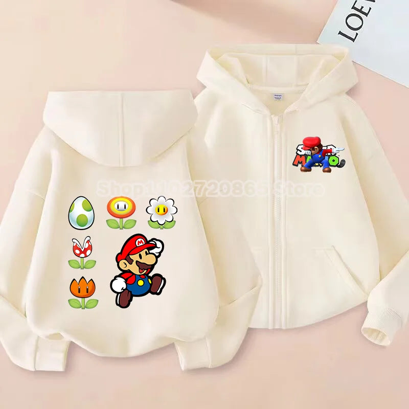 Super Mario Coat Cute Cartoon Game Cardigan Boys Girls Spring Autumn Thin Fashion Harajuku Hooded Zipper Sweatshirt Kids Gift