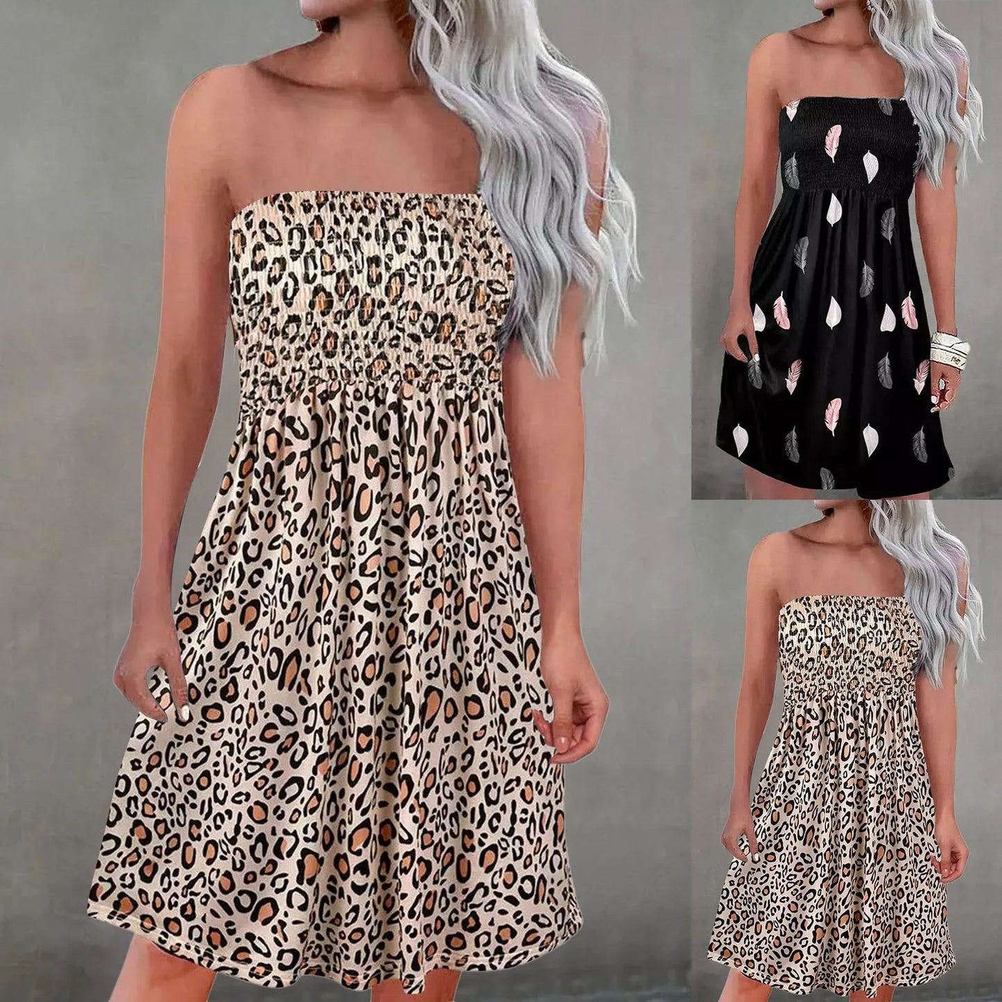 Sexy Leopard Strapless Dresses for Women Summer Off Shoulder