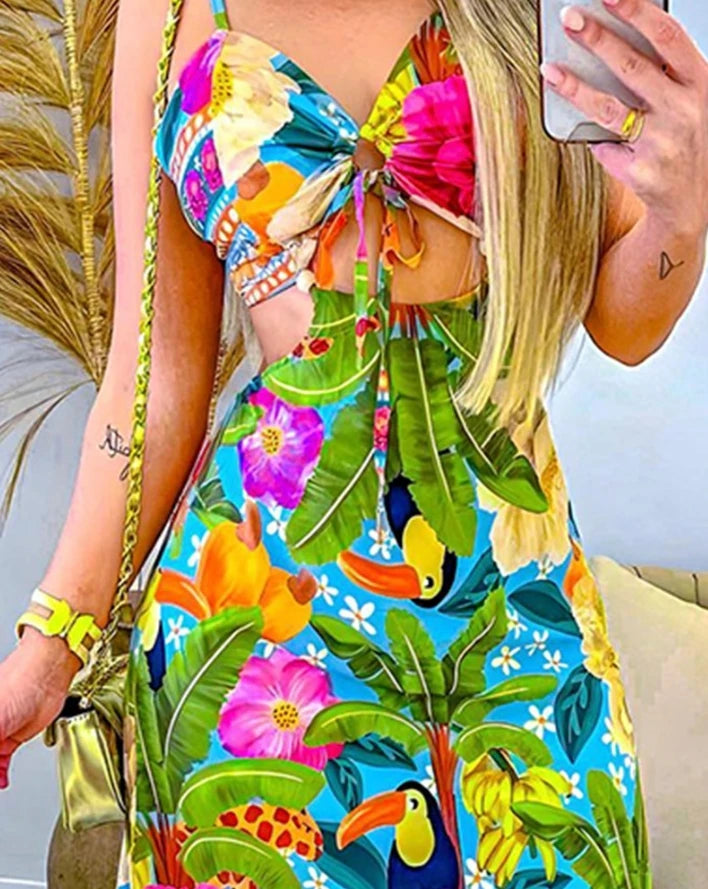 Women's Dresses 2024 Summer Tropical Print Backless